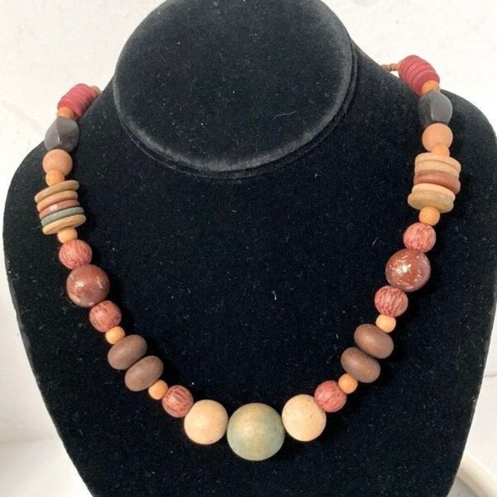 TRIBAL Wood Beaded Necklace  Boho Carved Long Chunky Statement Necklace Bohemian